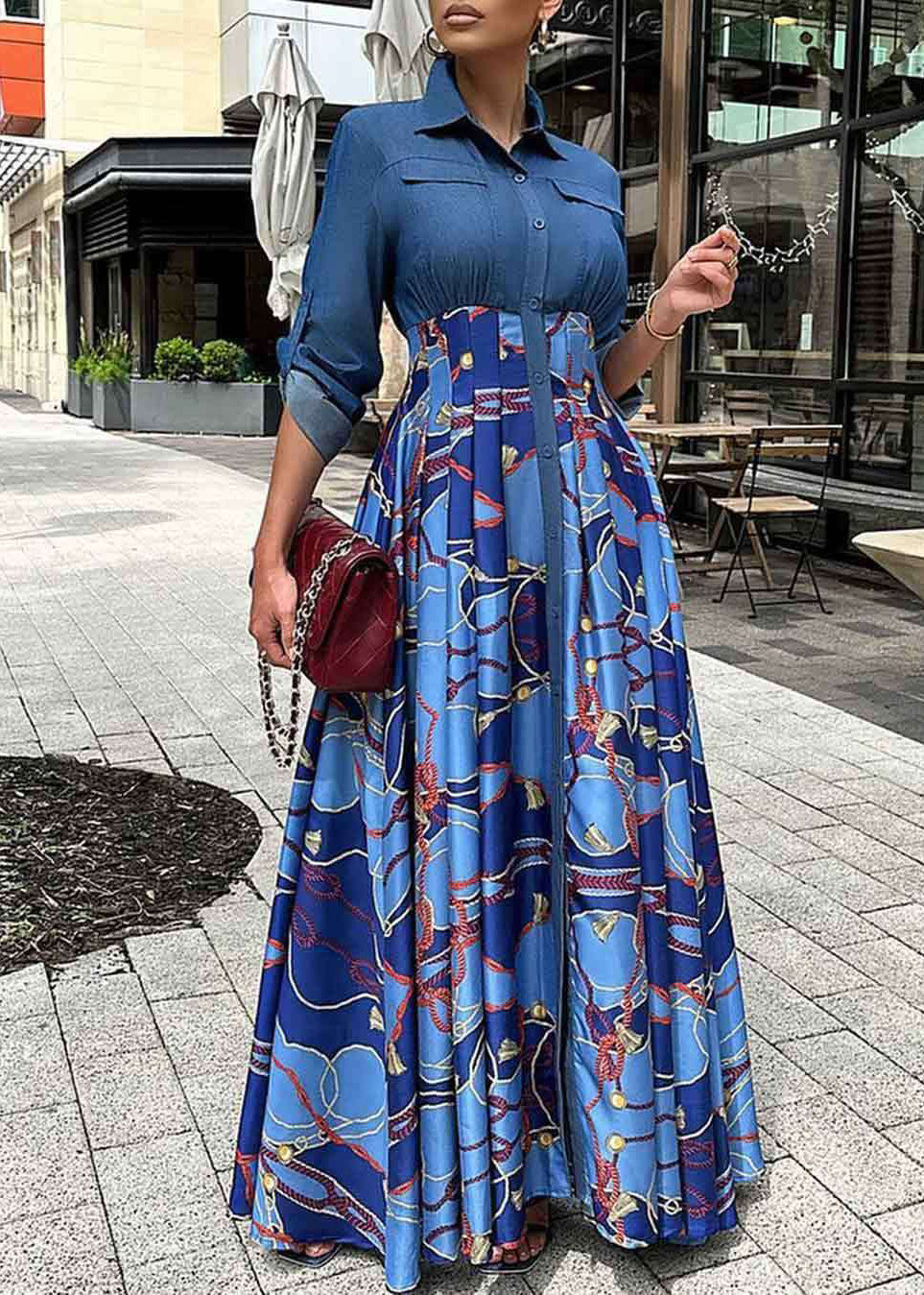 Blue Denim Patchwork Print Wrinkled Dress Autumn