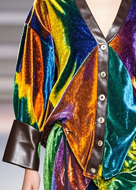 Multicolour V Neck Patchwork Silk Velvet Coat Fall