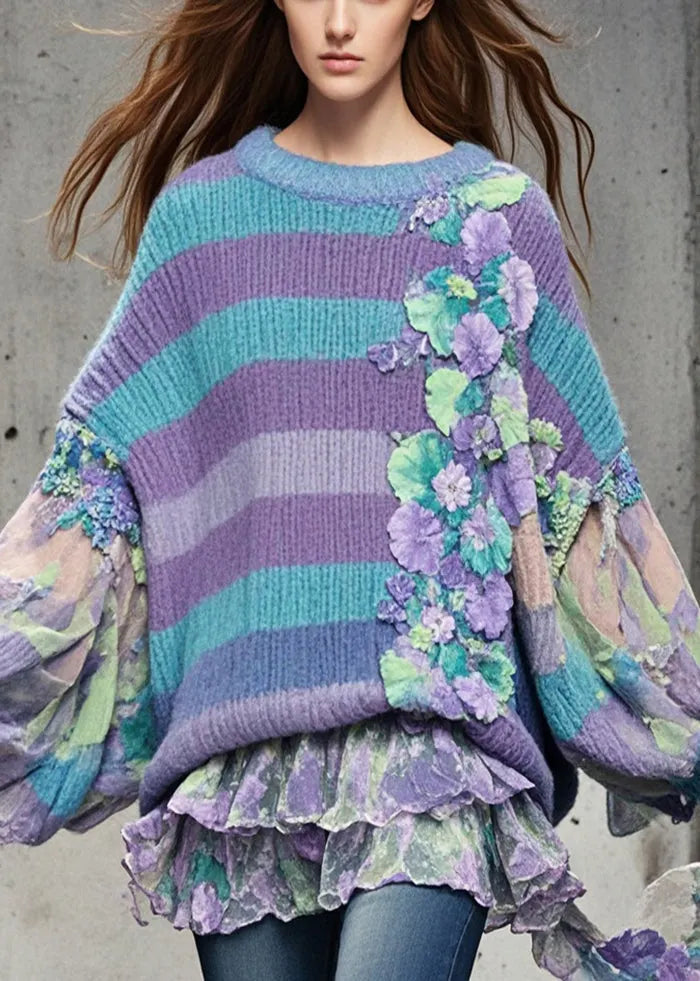 Original Design Purple Oversized Patchwork Sweaters Batwing Sleeve