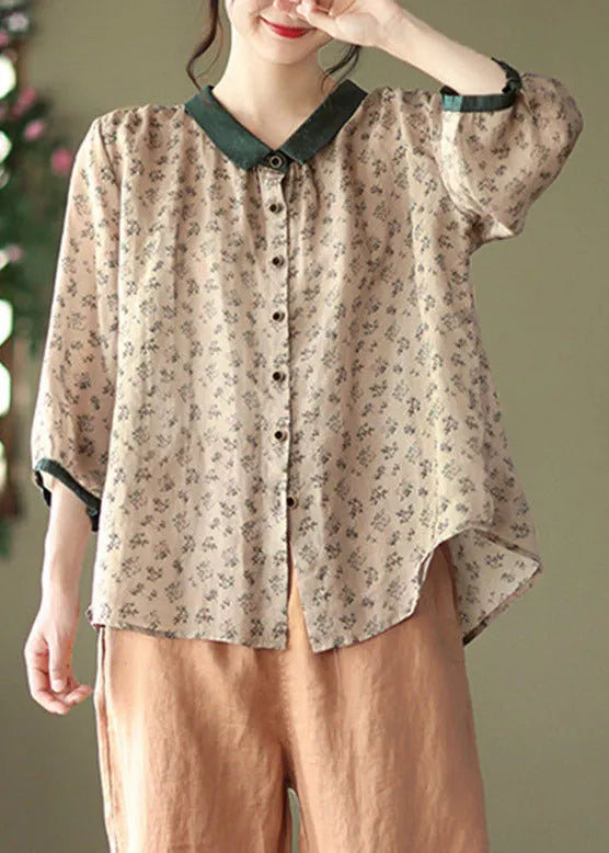 Brown Peter Pan Collar Print Button Linen Shirt Long Sleeve