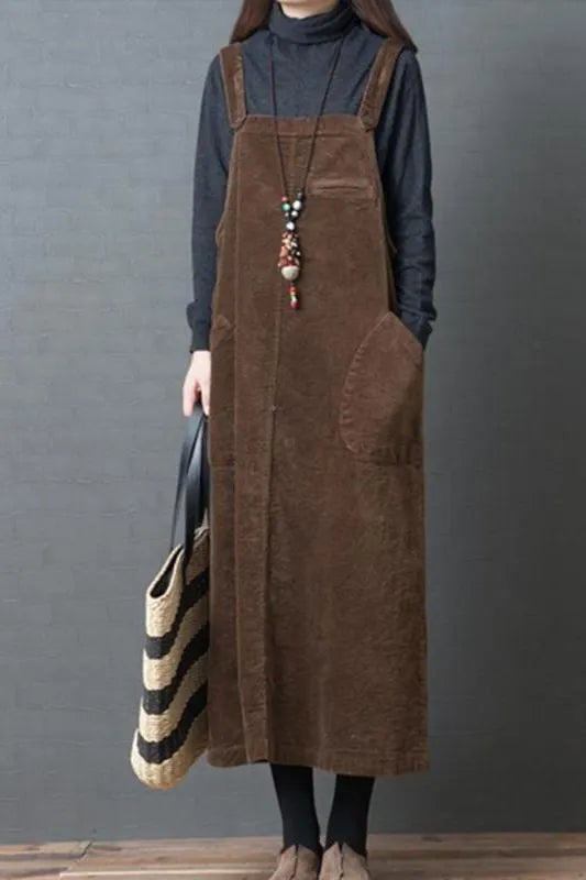 Corduroy Loose Large Pocket Suspenders Dress