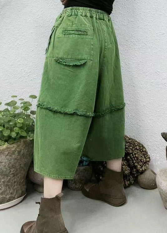 Green Pockets Patchwork Elastic Waist Denim Crop Pants Summer