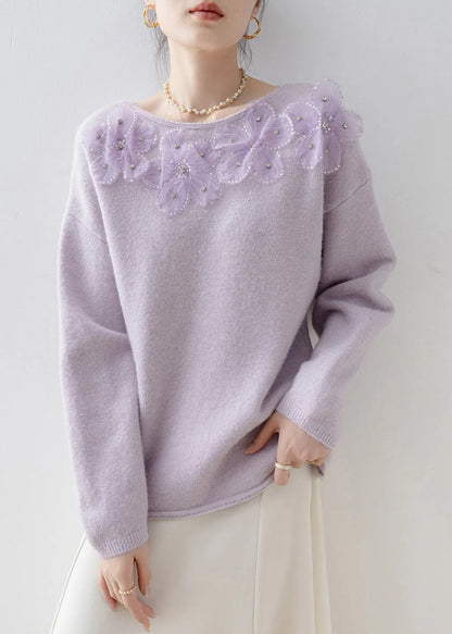Purple O Neck Sequins Zircon Knit Top Spring