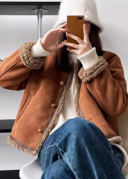 Coffee O Neck Pockets Fleece Wool Lined Faux Suede Coat Winter