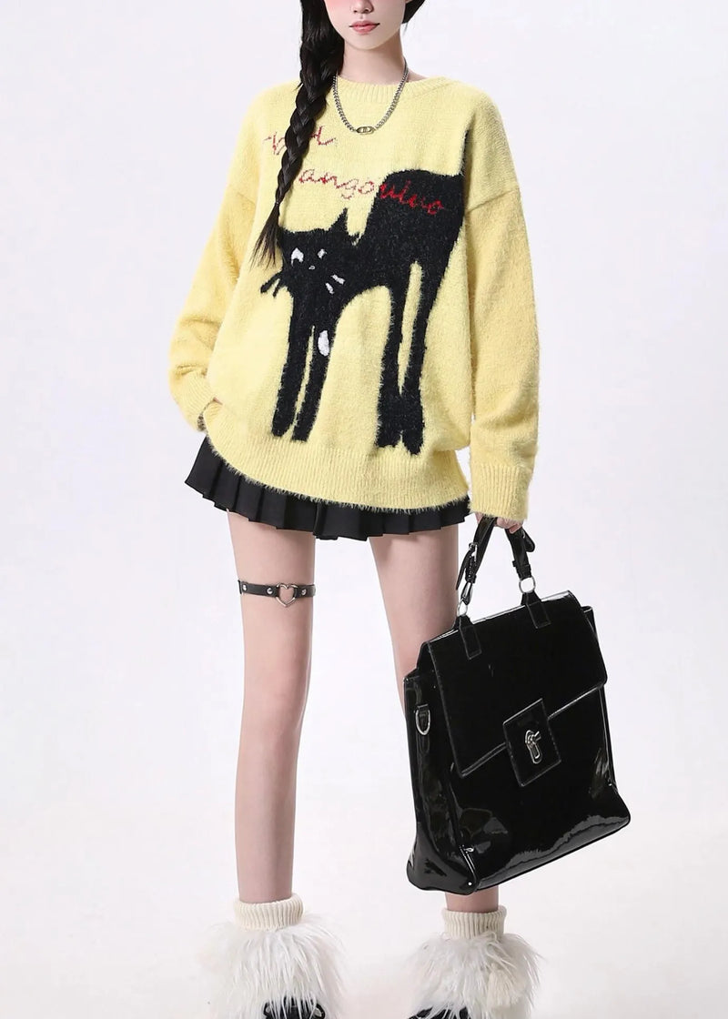 Yellow O Neck Cats Print Knit Sweaters Spring