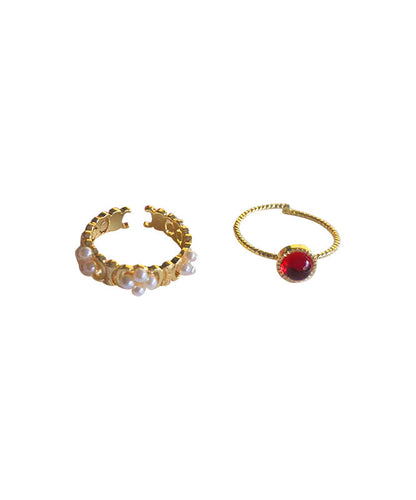 Diy Gold Copper Pearl Gem Stone Two Piece Set Rings