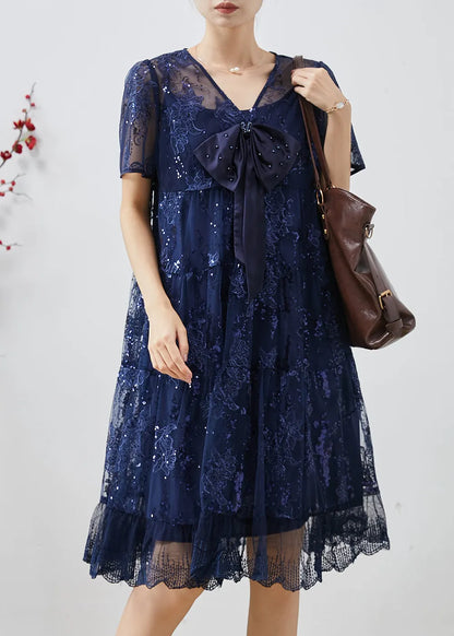 Diy Navy Sequins Embroidered Tulle Bow Dresses Summer