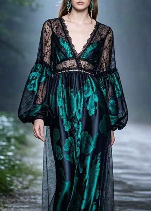 Black Lace Patchwork Silk Long Dresses Spring
