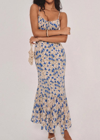 French Blue Print Slim Fit Cotton Spaghetti Strap Dress Summer