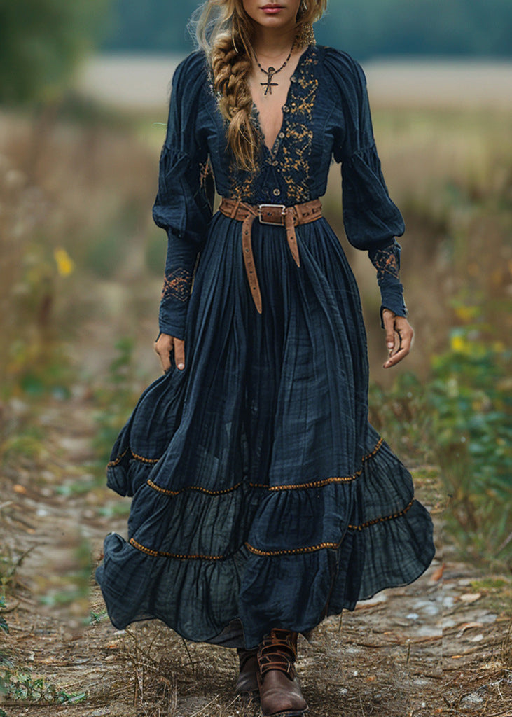 Black V Neck Print Wrinkled Cotton Long Dress Fall