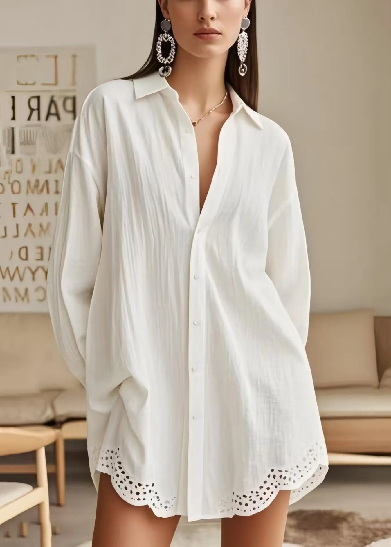 Diy White Oversized Patchwork Lace Long Shirts Spring