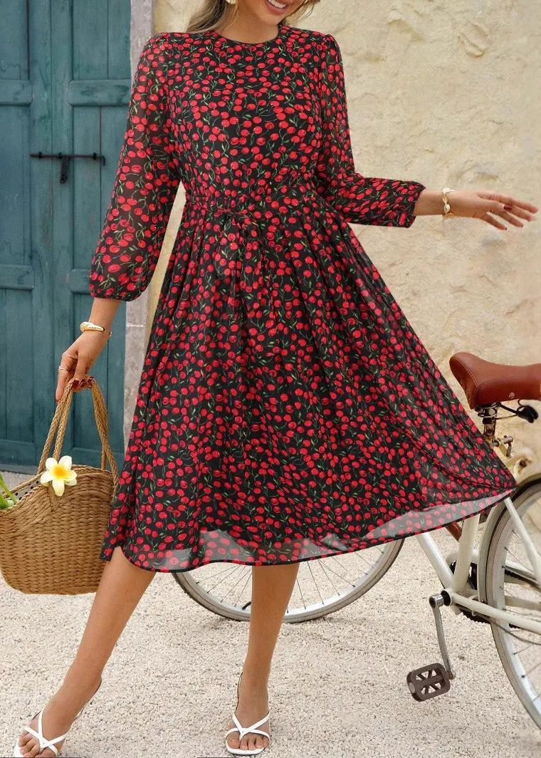 Stylish White O Neck Print Tie Waist Chiffon Dress Summer