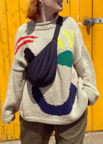 Natural Beige O Neck Print Loose Knit Sweaters Fall