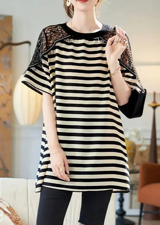 Loose Black Striped Lace Patchwork Cotton T Shirts Summer