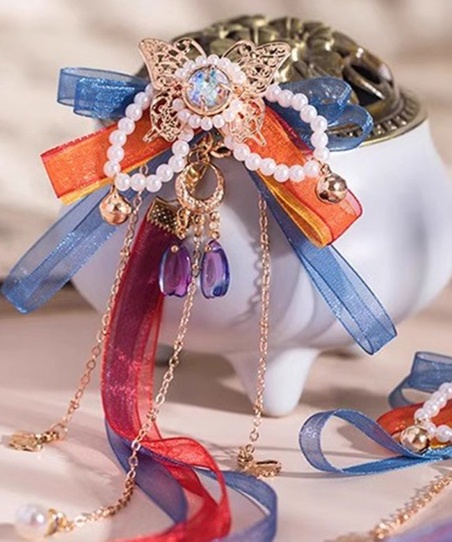 Rainbow Copper Alloy Tulle Beading Bow Ribbon a Pair Hairpin