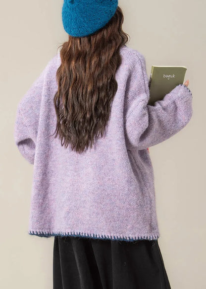 Purple Jacquard Button Knit Coats Peter Pan Collar