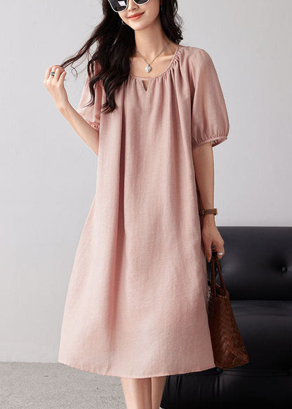 Pink O-neck Hollow Out Cotton Dresses Summer