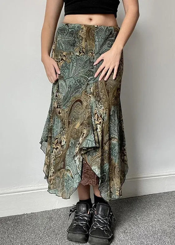 Green Print Lace Patchwork Skirts Summer