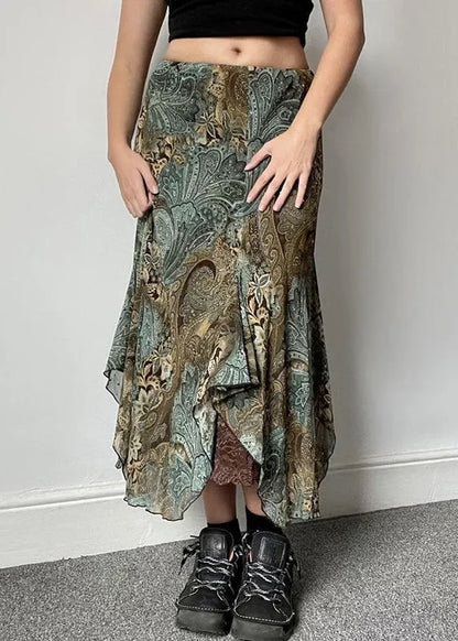 Green Print Lace Patchwork Skirts Summer