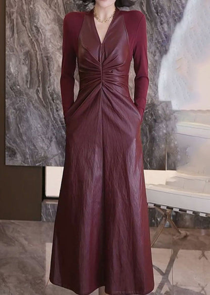 French Black V Neck Wrinkled Holiday Maxi a Line Dress Spring
