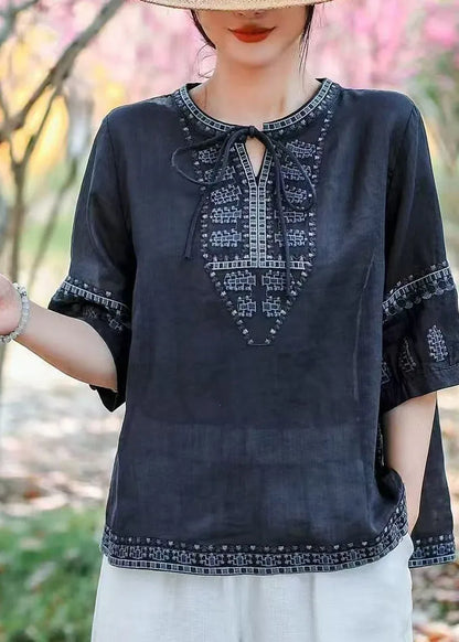 Navy Embroidered Linen Blouses Summer