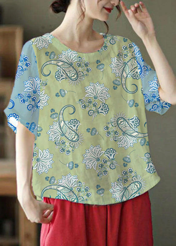 Unique White Flowers and Birds O-neck Embroidered Summer Ramie Shirt Half Sleeve