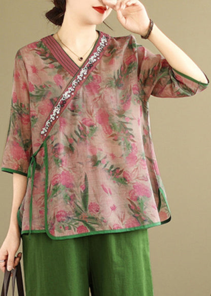 Green V Neck Print Top Bracelet Sleeve