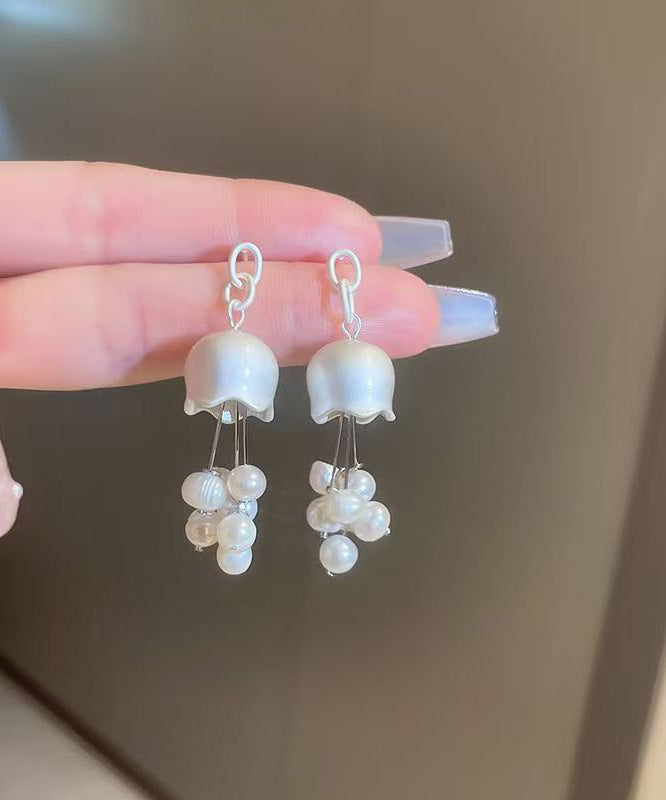White Sterling Silver Pearl Lily of the Valley Tassel Drop Earrings