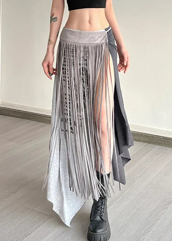 Grey Asymmetrical Graphic Wrinkled Tassel Maxi Skirts Summer