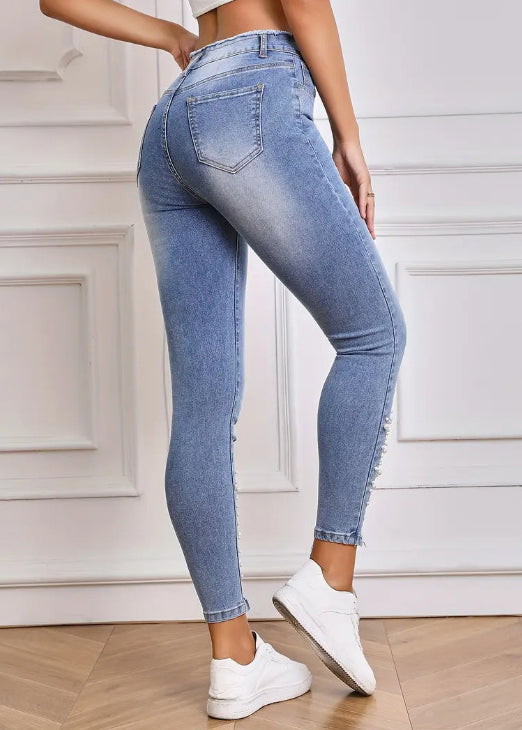 Slim Fit Light Blue Pockets Pearl Denim Pants Summer