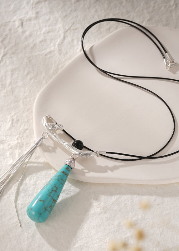 Silk Copper Turquoise Black Agate Magpie Pendant Necklace