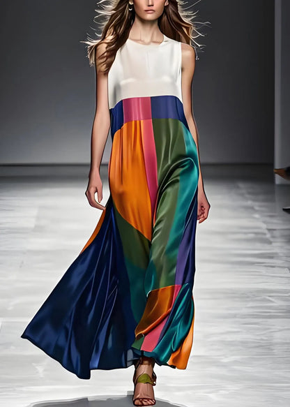 Colorblock O Neck Patchwork Silk Maxi Dresses Sleeveless