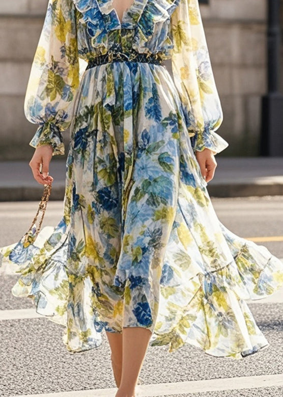 Print Ruffled Silm Fit Chiffon Beach Dress Fall