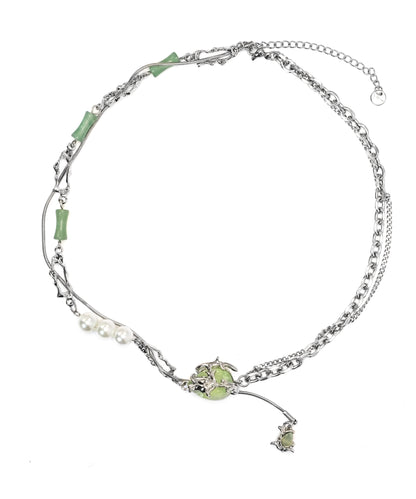 Stylish Green Stainless Steel Pearl Jade Bamboo Joint Water Droplet Tassel Lariat Necklace