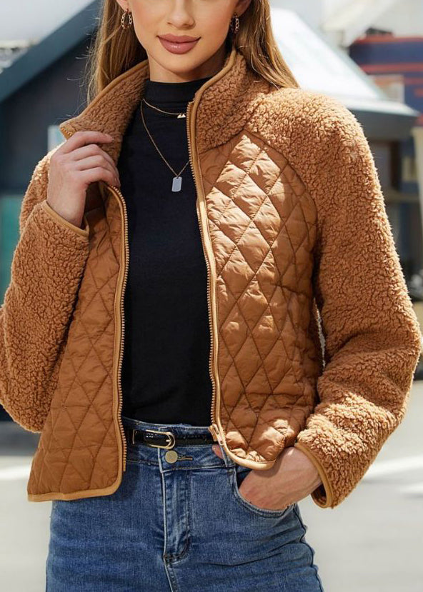 French Brown Stand Collar Patchwork Faux Fur Jackets Fall