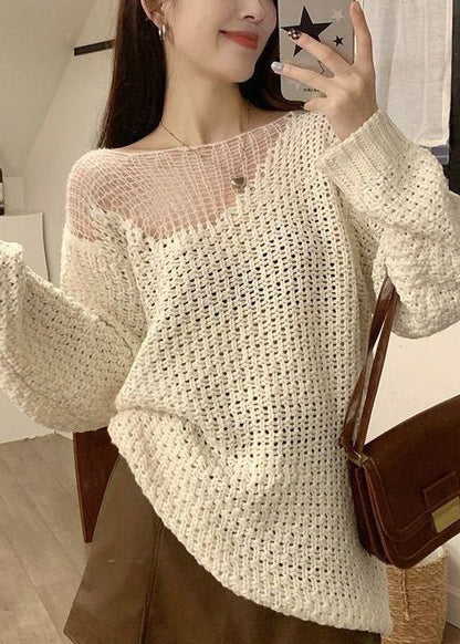 Beige Hollow Out Knit Sweater Spring
