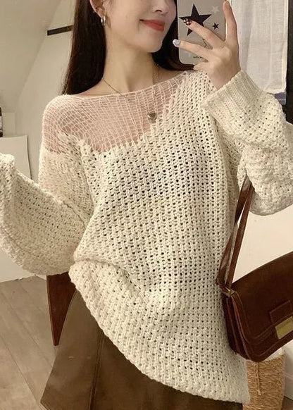 Beige Hollow Out Knit Sweater Spring