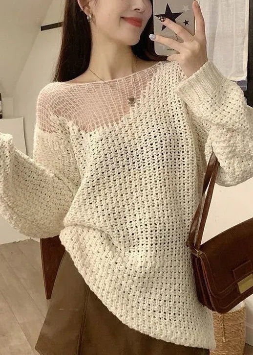 Beige Hollow Out Knit Sweater Spring