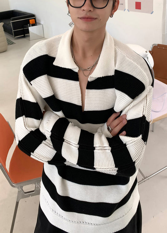 Stylish Striped Peter Pan Collar Hollow Out Knit Sweaters Fall