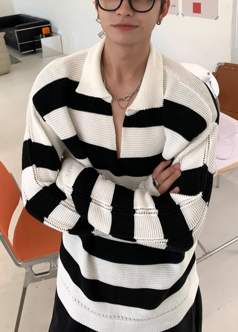 Stylish Striped Peter Pan Collar Hollow Out Knit Sweaters Fall