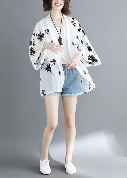 White Loose Embroideried Summer Cardigan Long Sleeve