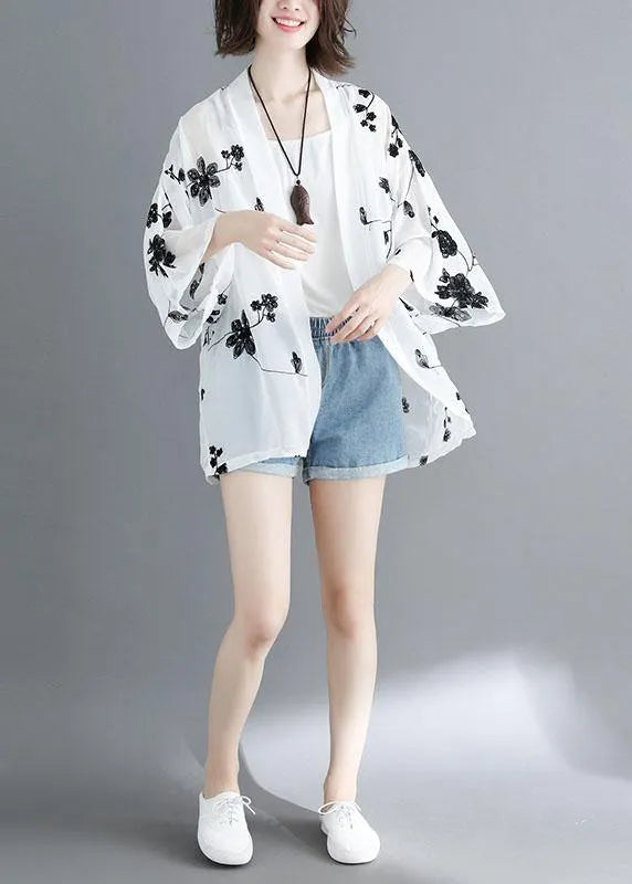 White Loose Embroideried Summer Cardigan Long Sleeve