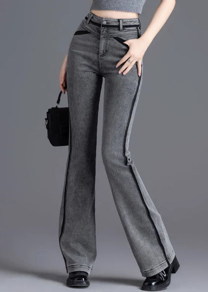 Grey Silm Fit Patchwork Denim Bell-bottom Trousers Spring