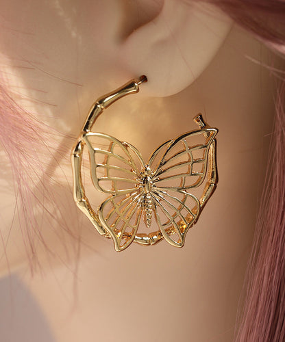 Gold Sterling Silver Overgild Butterfly Hollow Out Hoop Earrings