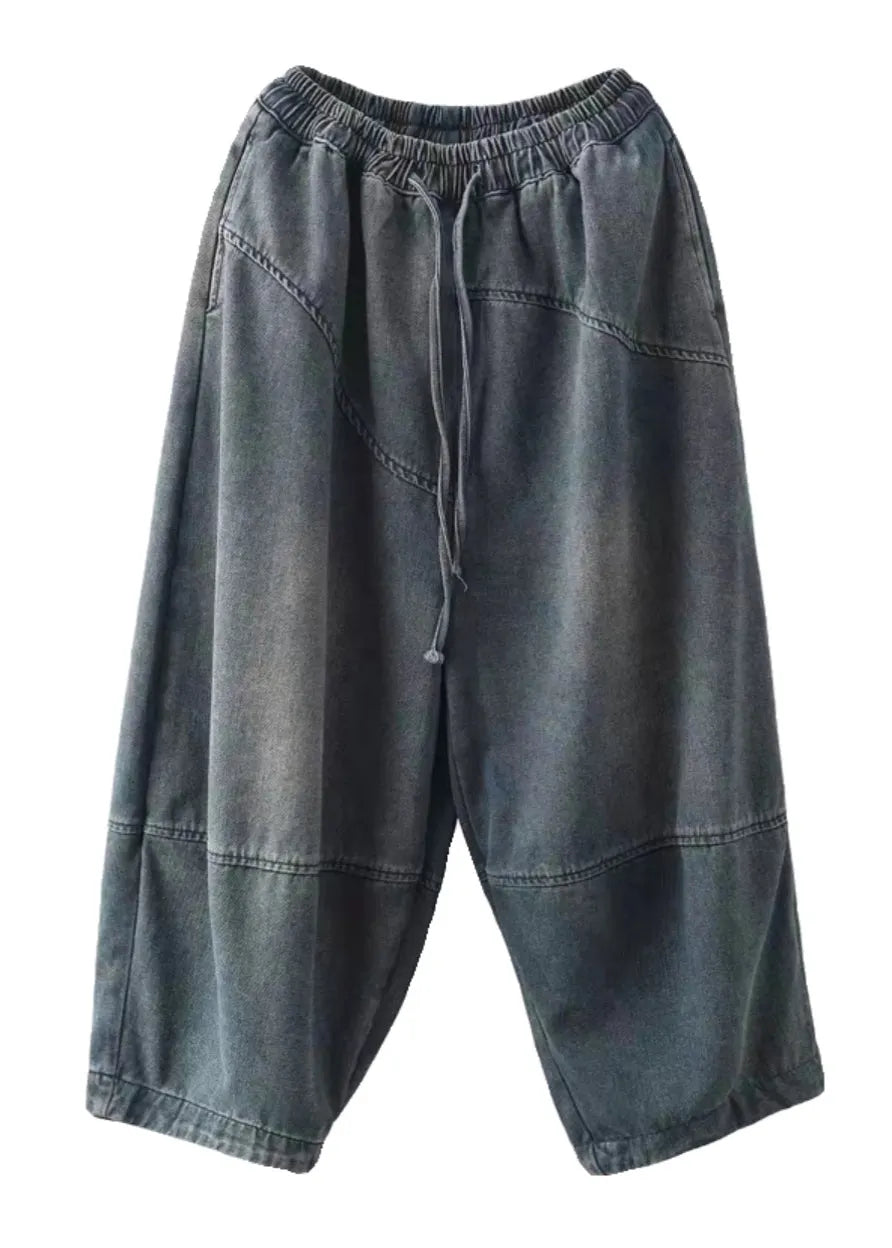 Blue Pockets Elastic Waist Cotton Harem Pants Spring