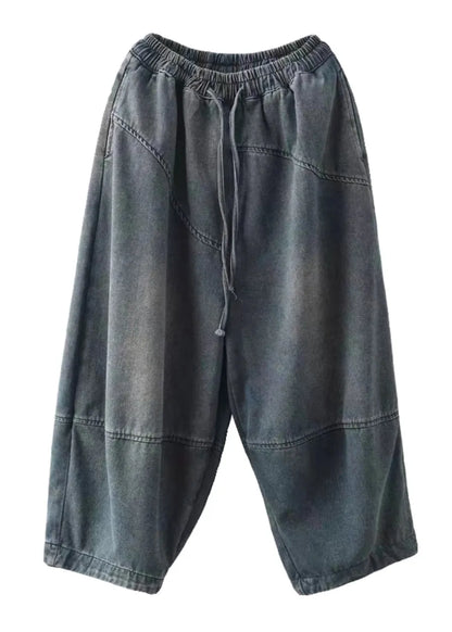 Blue Pockets Elastic Waist Cotton Harem Pants Spring
