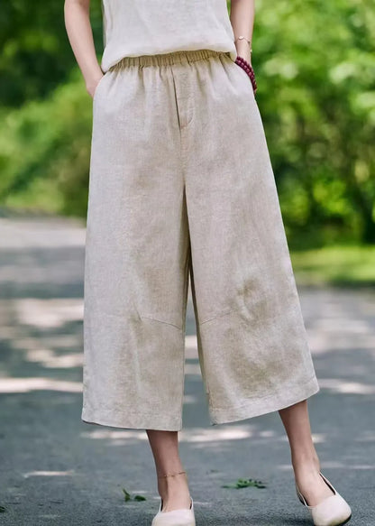 Linen Pockets Elastic Waist Linen Crop Pants Summer