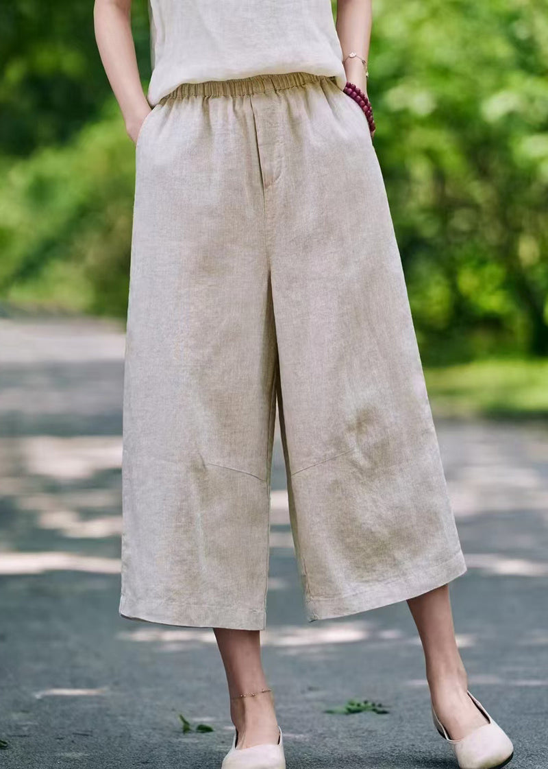 Linen Pockets Elastic Waist Linen Crop Pants Summer