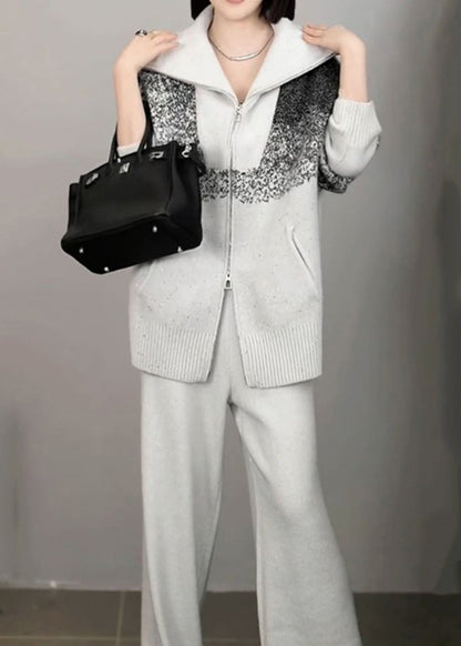 Organic Light Grey Print Zippered Cotton Knit Sweaters and Wide Leg Pants Two Pieces Set Winter