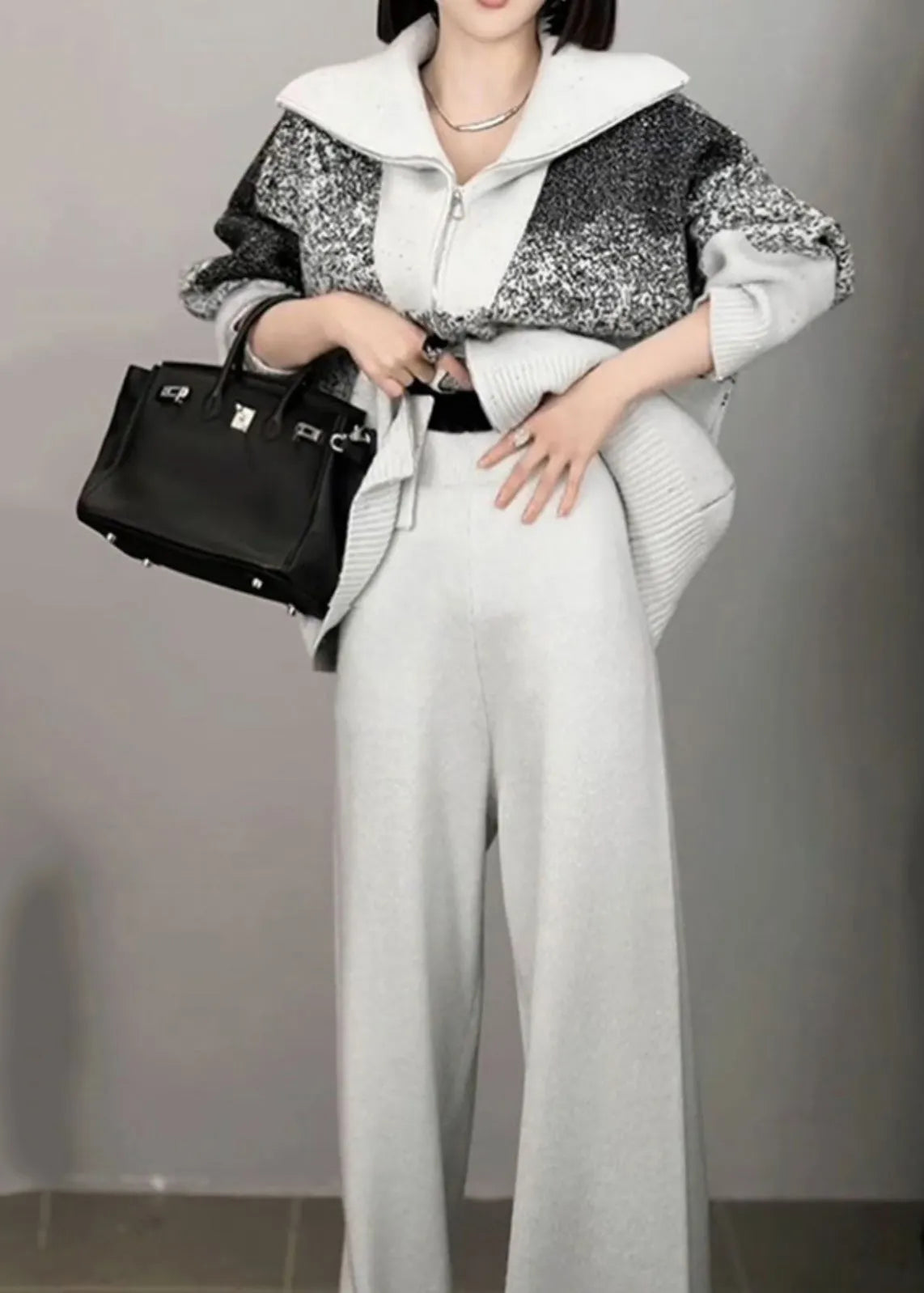 Organic Light Grey Print Zippered Cotton Knit Sweaters and Wide Leg Pants Two Pieces Set Winter